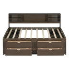 Full Size Wood Daybed with 2 Bedside Cabinets, Upper Shelves and 4 Drawers, Antique Brown