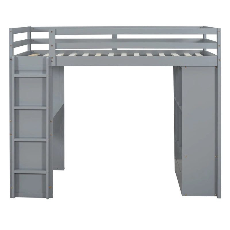 Full Size Loft Bed with large shelves, writing desk and LED Light, Gray