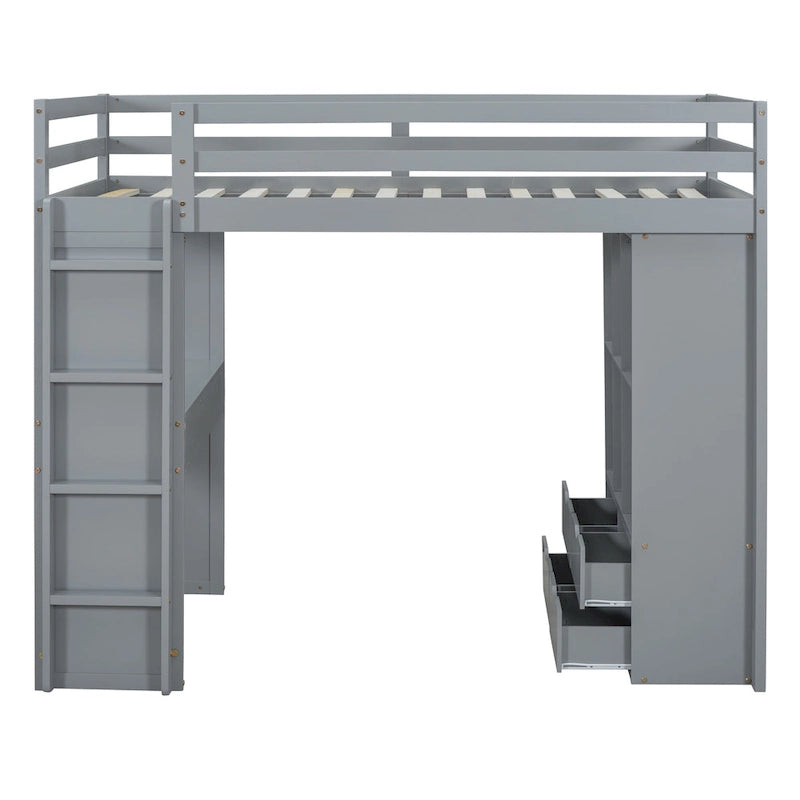 Full Size Loft Bed with large shelves, writing desk and LED Light, Gray