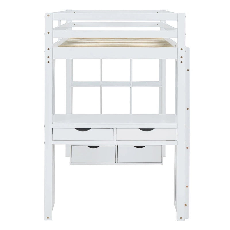 Full Size Loft Bed with large shelves, writing desk and LED Light, Gray