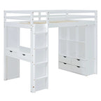 Full Size Loft Bed with large shelves, writing desk and LED Light, Gray