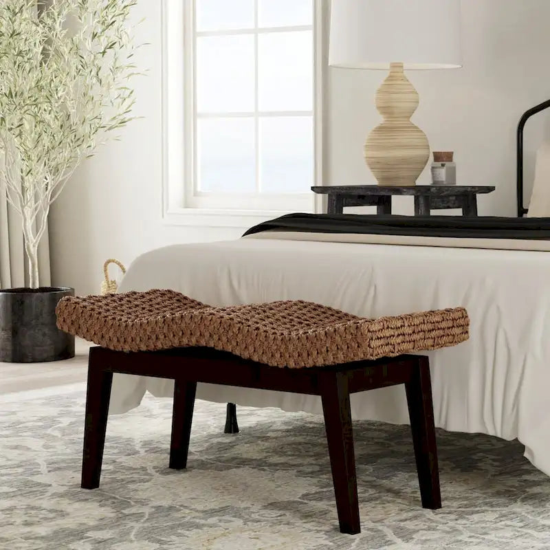 Handwoven Natural Wicker And Teak Wood Bench by 