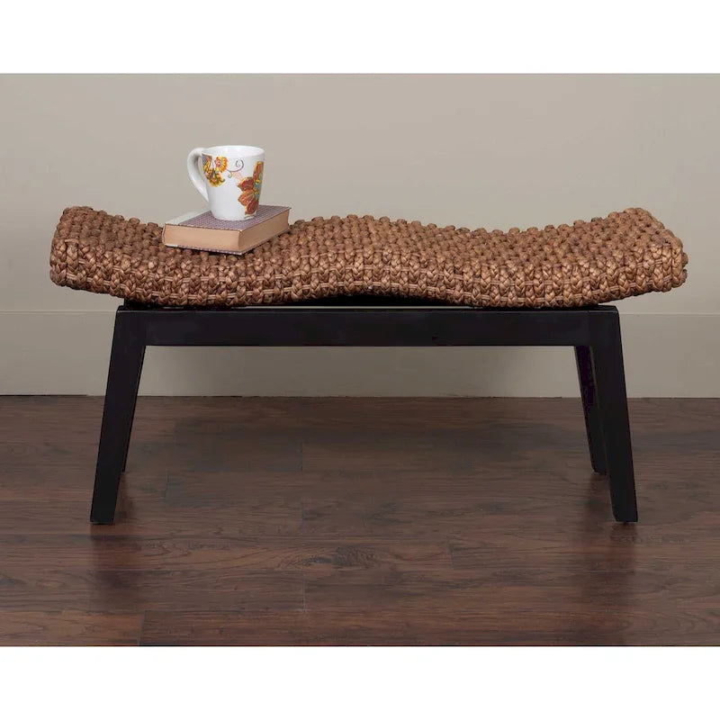 Handwoven Natural Wicker and Teak Wood Bench