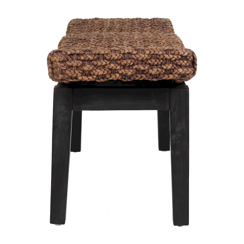 Handwoven Natural Wicker and Teak Wood Bench