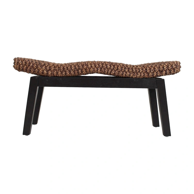 Handwoven Natural Wicker and Teak Wood Bench