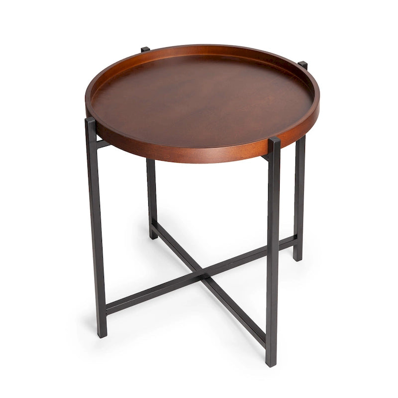 Mid-century Modern Round Side Table with Removable Wood Tray
