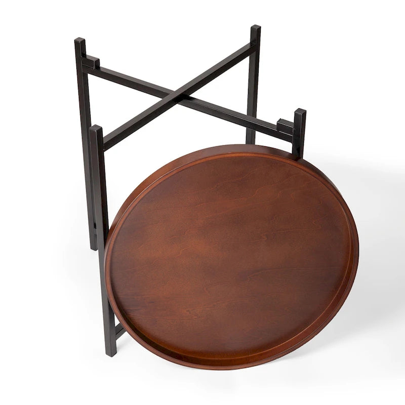 Mid-century Modern Round Side Table with Removable Wood Tray