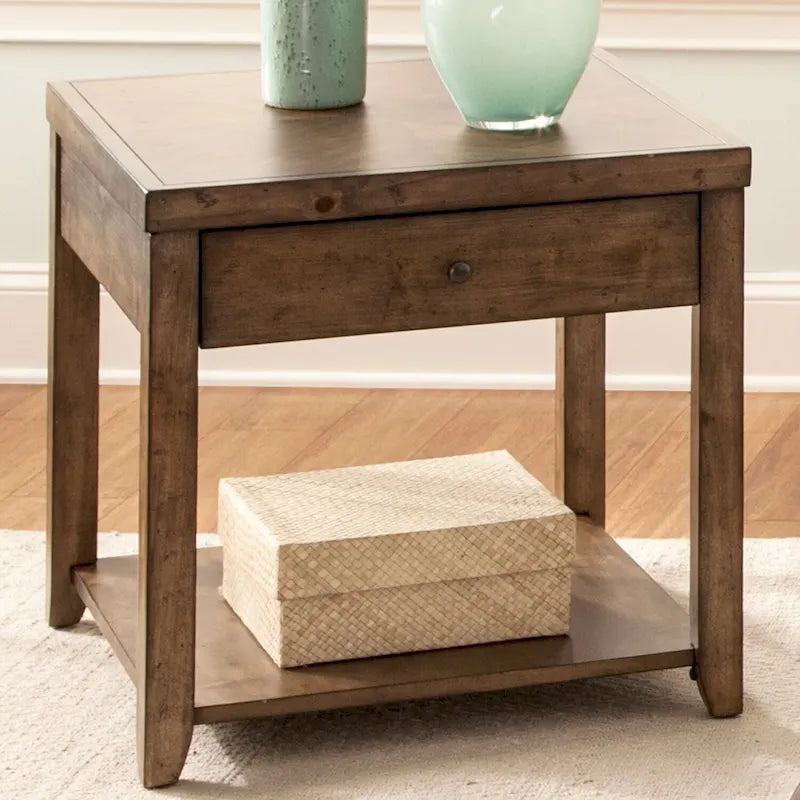 Cedar Veneer End Table with Drawer and Bottom Shelf - Nutmeg Finish, 22W x 24L x 24H in
