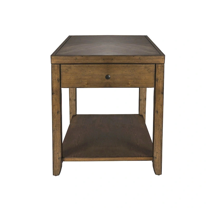 Cedar Veneer End Table with Drawer and Bottom Shelf - Nutmeg Finish, 22W x 24L x 24H in