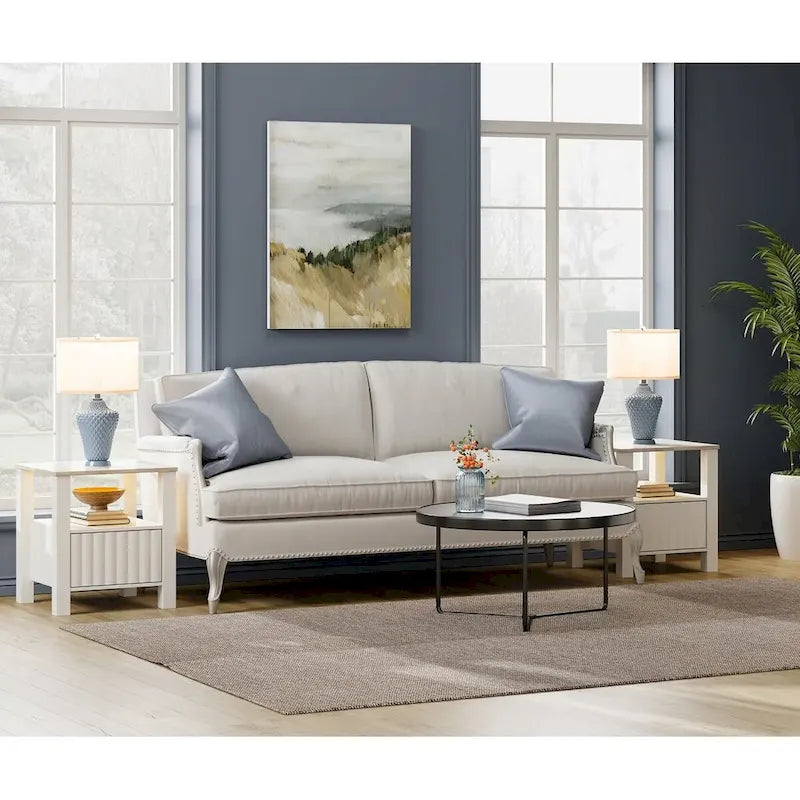 End Side Table with LED Light, White Nightstand with Storage(Set of 2)