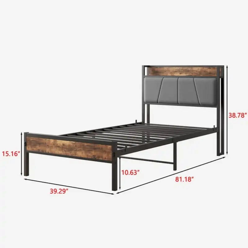 Twin Size Bed Frame, Storage Headboard with Charging Station, Solid and Stable, Black