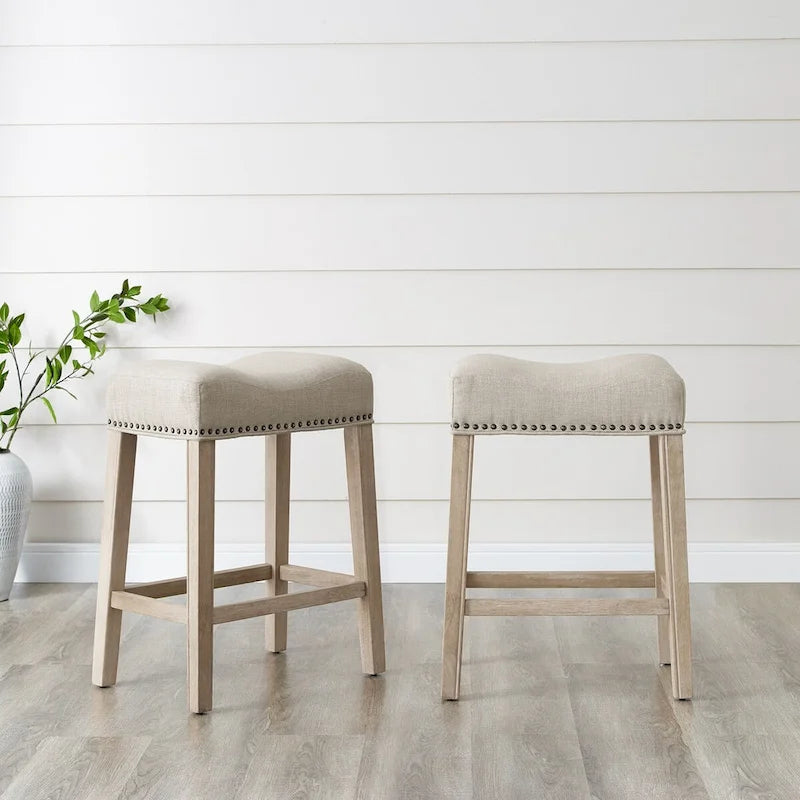 Set of 2 Upholstered Counter Height Backless Saddle Seat Stools