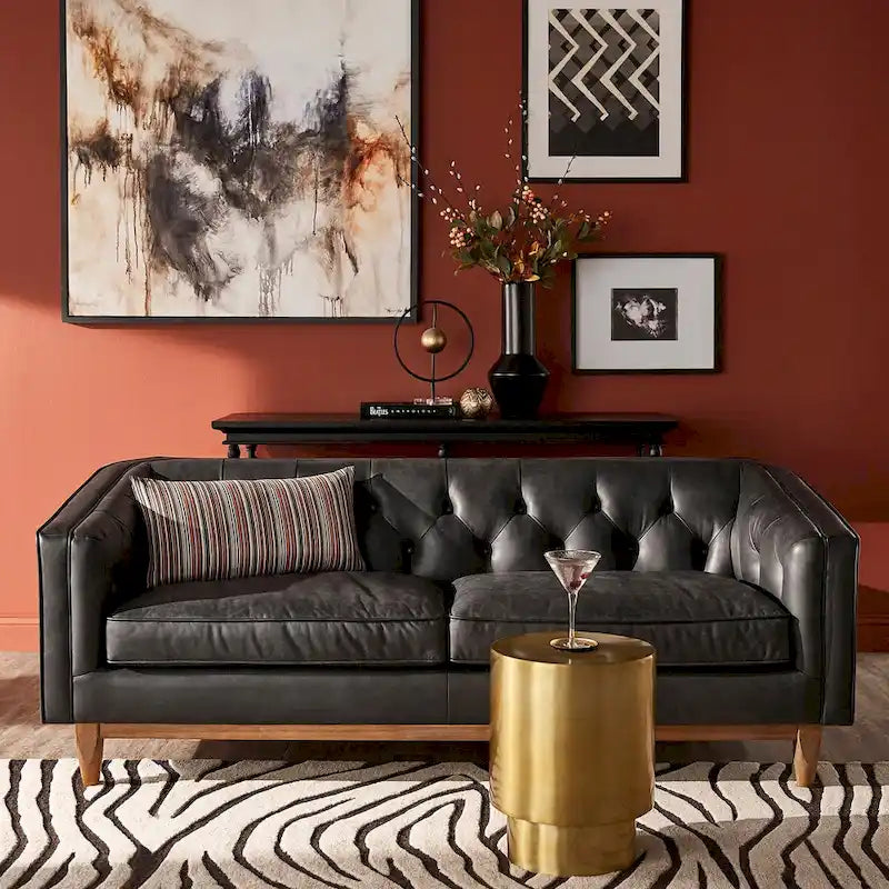 Tullio Black Leather Button Tufted Loveseat by  - Sofa