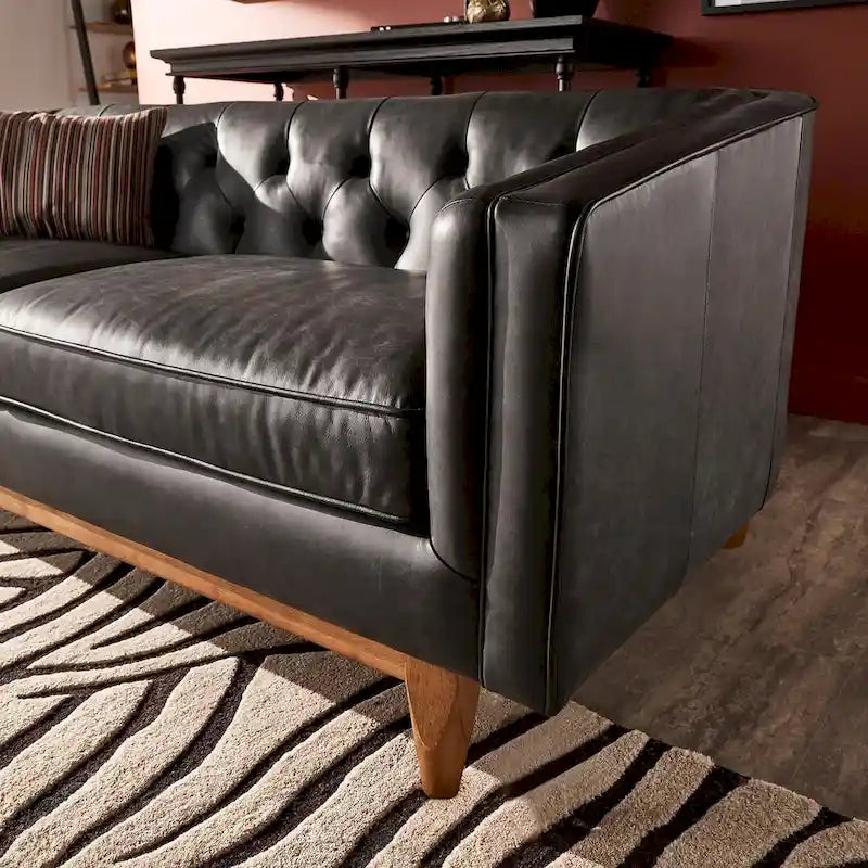 Black Leather Button Tufted Loveseat - Sofa
