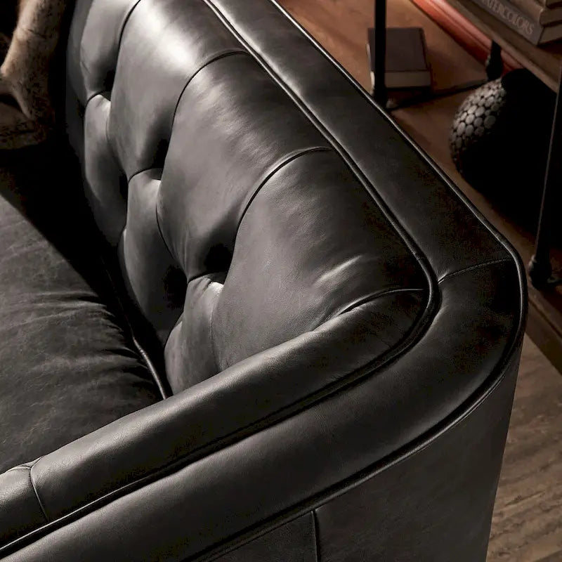 Black Leather Button Tufted Loveseat - Sofa
