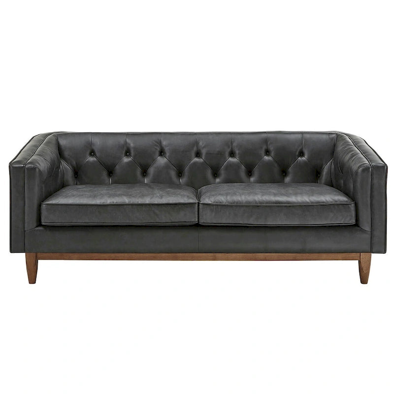 Black Leather Button Tufted Loveseat - Sofa