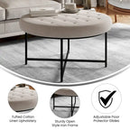 Tufted Round Cotton Linen Ottoman with Iron Frame