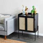 Solid Wood Bar Cabinet with Metal Legs and Woven Cane Doors