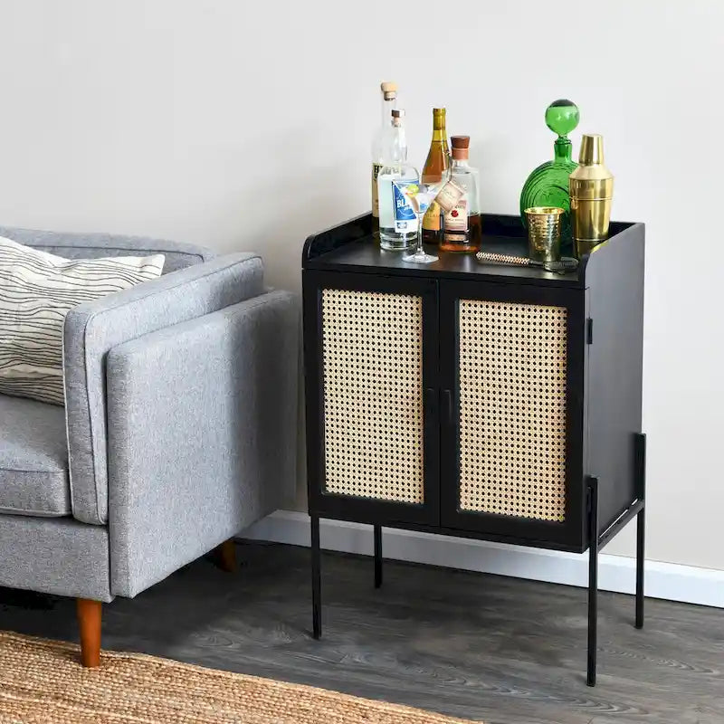 Solid Wood Bar Cabinet with Metal Legs and Woven Cane Doors