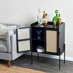 Solid Wood Bar Cabinet with Metal Legs and Woven Cane Doors