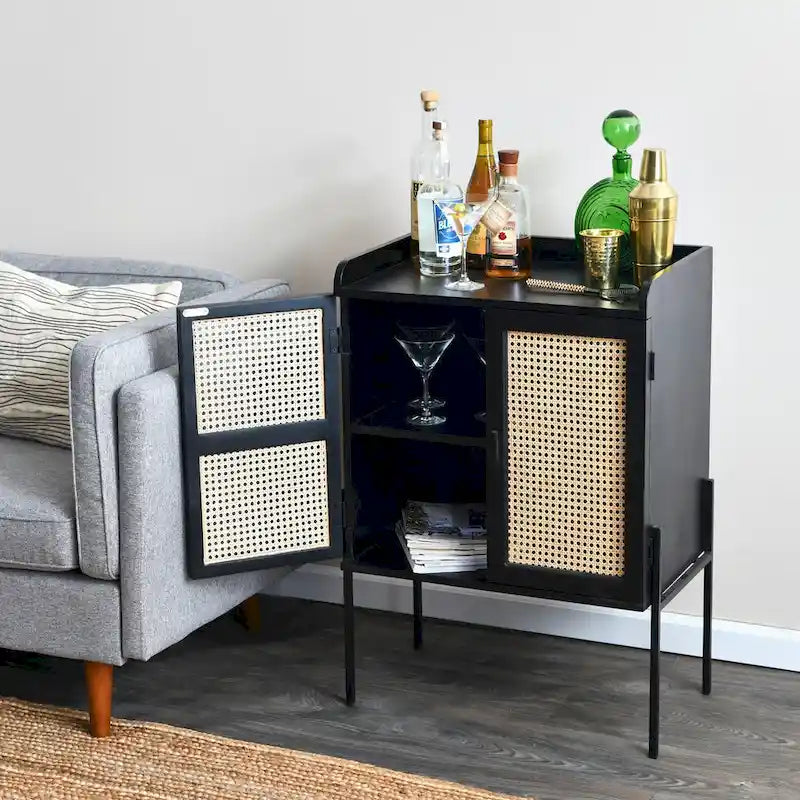 Solid Wood Bar Cabinet with Metal Legs and Woven Cane Doors