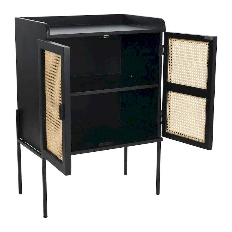 Solid Wood Bar Cabinet with Metal Legs and Woven Cane Doors