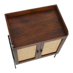 Solid Wood Bar Cabinet with Metal Legs and Woven Cane Doors