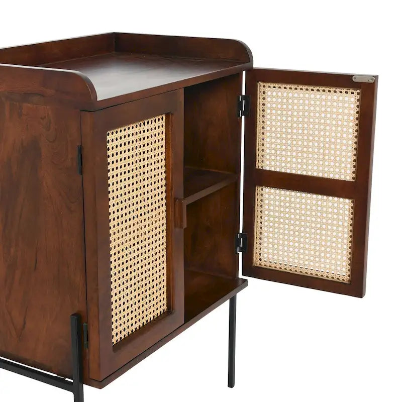 Solid Wood Bar Cabinet with Metal Legs and Woven Cane Doors