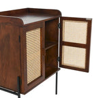 Solid Wood Bar Cabinet with Metal Legs and Woven Cane Doors