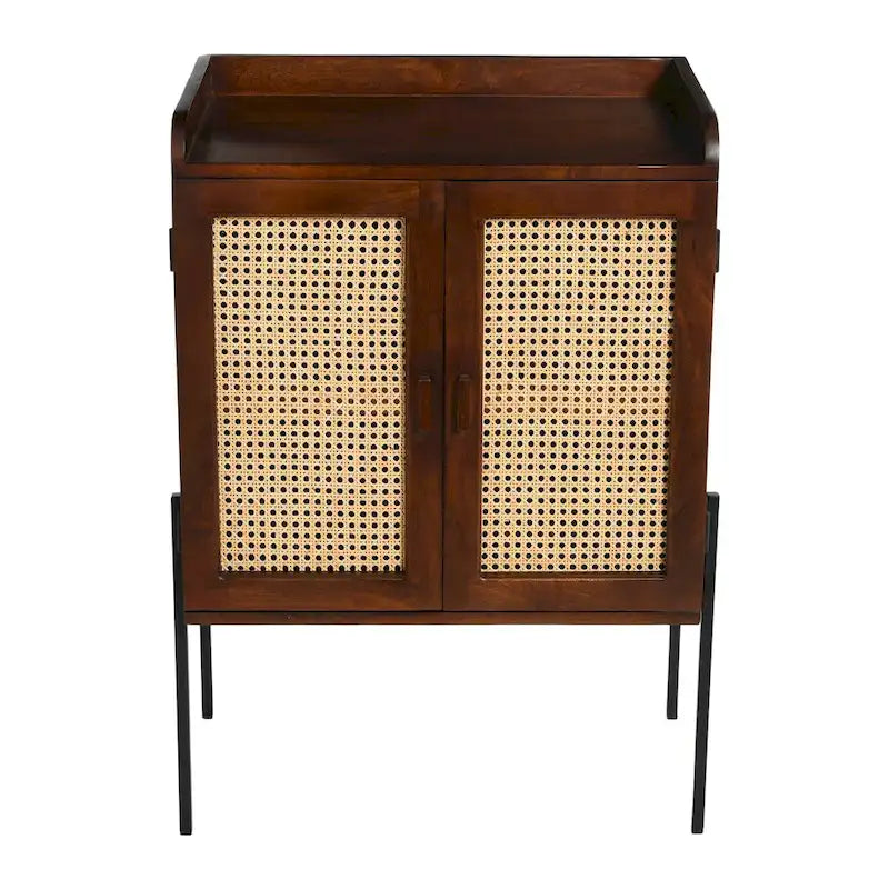 Solid Wood Bar Cabinet with Metal Legs and Woven Cane Doors