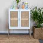Solid Wood Bar Cabinet with Metal Legs and Woven Cane Doors