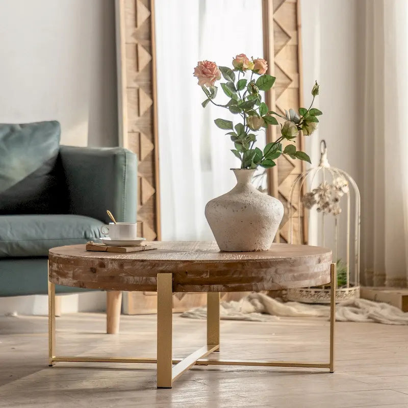 31.29" Round Splicing Coffee Table - Fir Wood Top with Gold Cross Legs