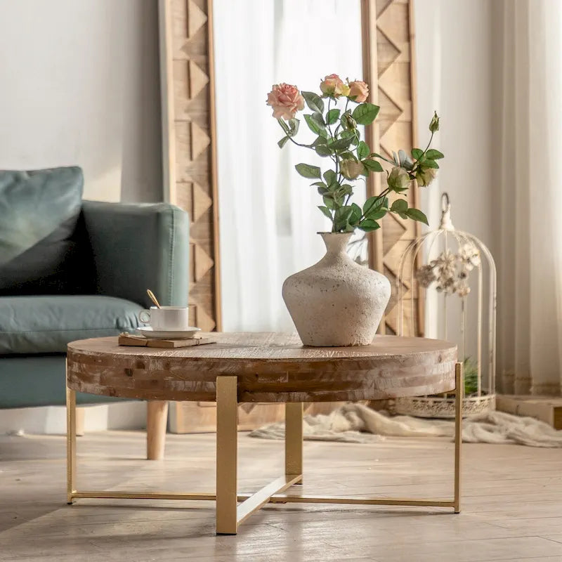 31.29" Round Splicing Coffee Table - Fir Wood Top with Gold Cross Legs