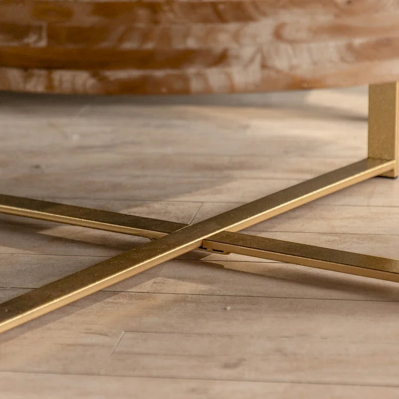 31.29" Round Splicing Coffee Table - Fir Wood Top with Gold Cross Legs