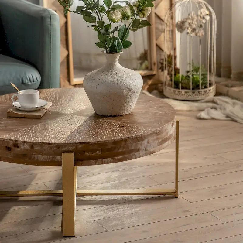 31.29" Round Splicing Coffee Table - Fir Wood Top with Gold Cross Legs